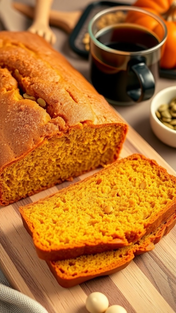 Keto Pumpkin Bread Recipe Sliced keto pumpkin bread on a cutting board, garnished with cinnamon, with pumpkin seeds and coffee on the side.
